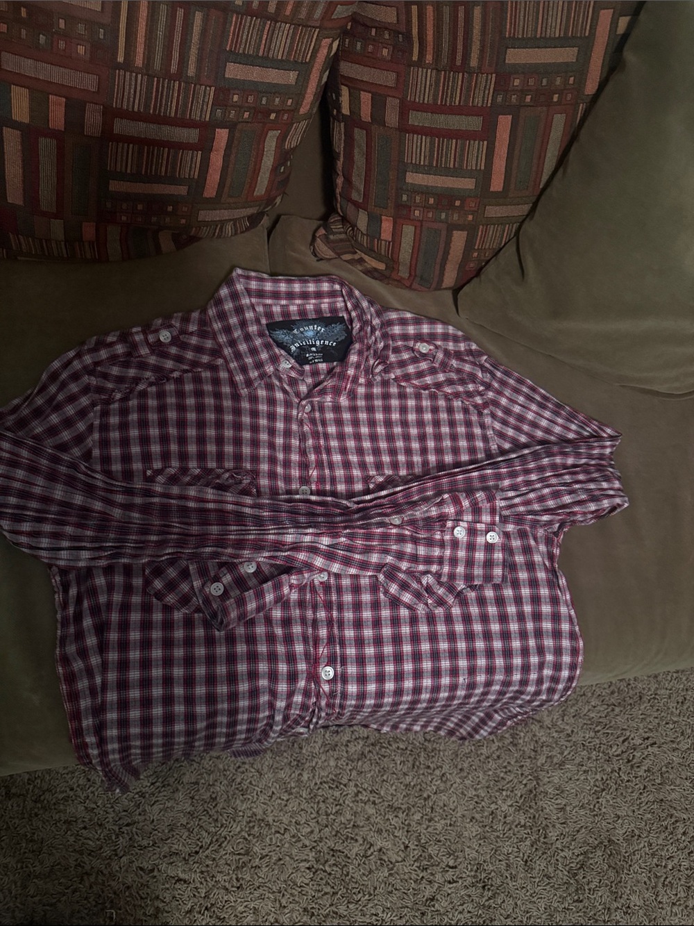 Wrangler Burgundy and White Plaid Long-Sleeve Button-Down Shirt